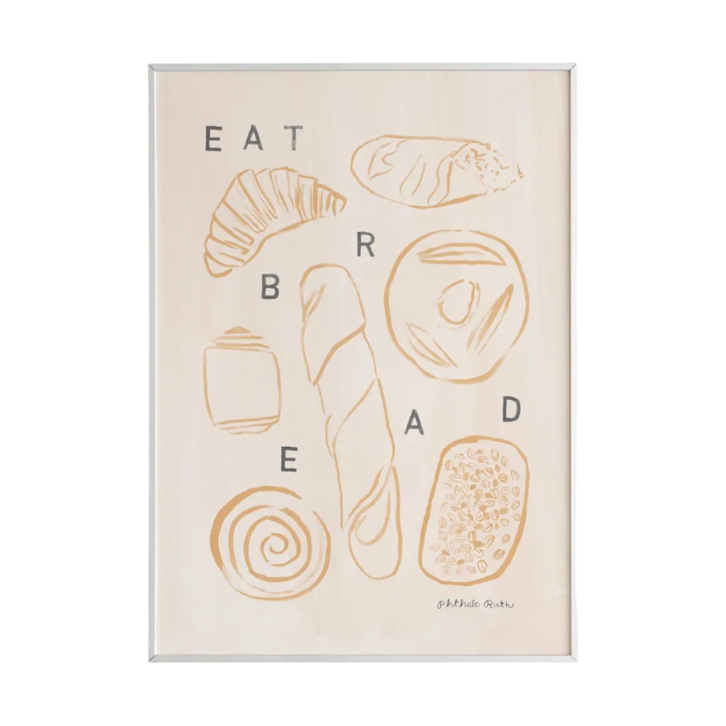 A hand-painted art print featuring various hand-drawn pieces of bread like baguettes, croissants, and loaves among the phrase “Eat Bread” on a white background. 