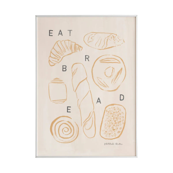 A hand-painted art print featuring various hand-drawn pieces of bread like baguettes, croissants, and loaves among the phrase “Eat Bread” on a white background. 
