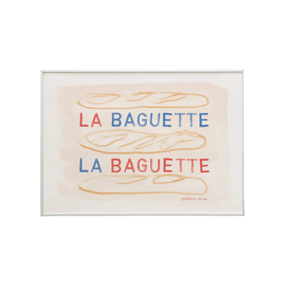 An art print with three baguettes, layered with the phrase “La Baguette” twice in red and blue on a white background. 