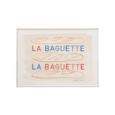 An art print with three baguettes, layered with the phrase “La Baguette” twice in red and blue on a white background. 