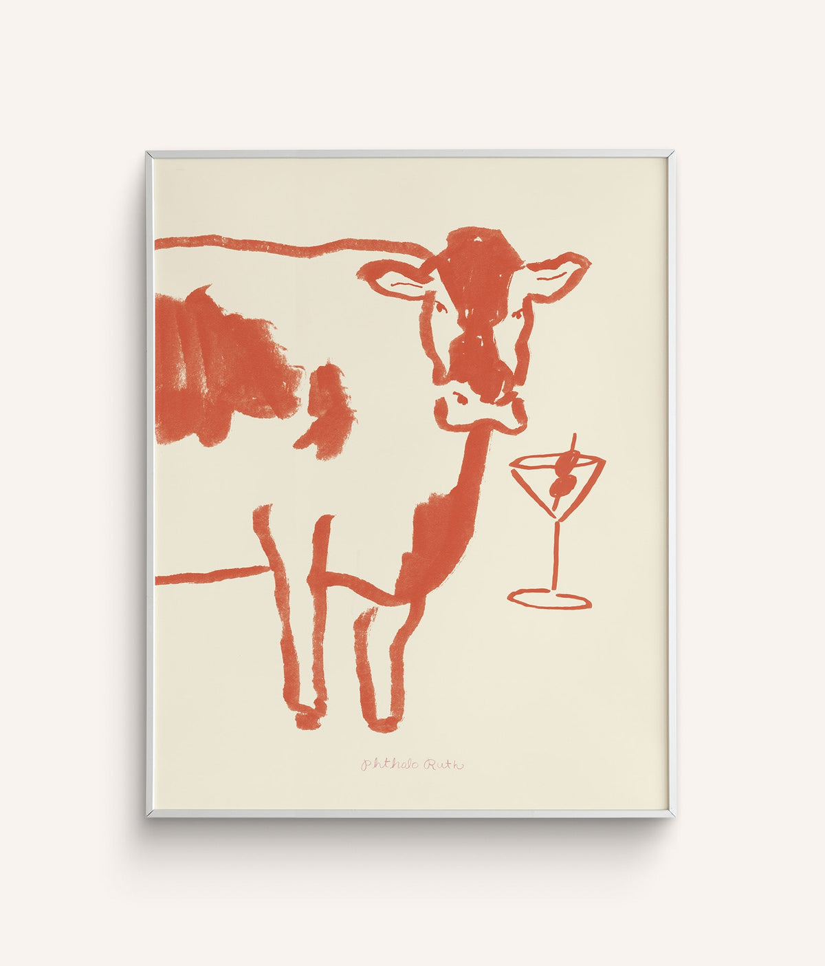 Art Print "Moo-tini" features a hand-painted red and white cow with a martini glass. The martini glass has an olive skewer in it.