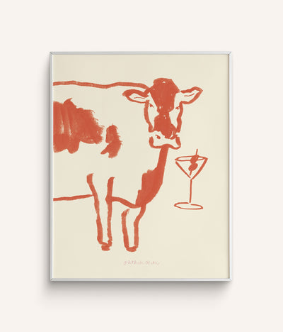 Art Print "Moo-tini" features a hand-painted red and white cow with a martini glass. The martini glass has an olive skewer in it.