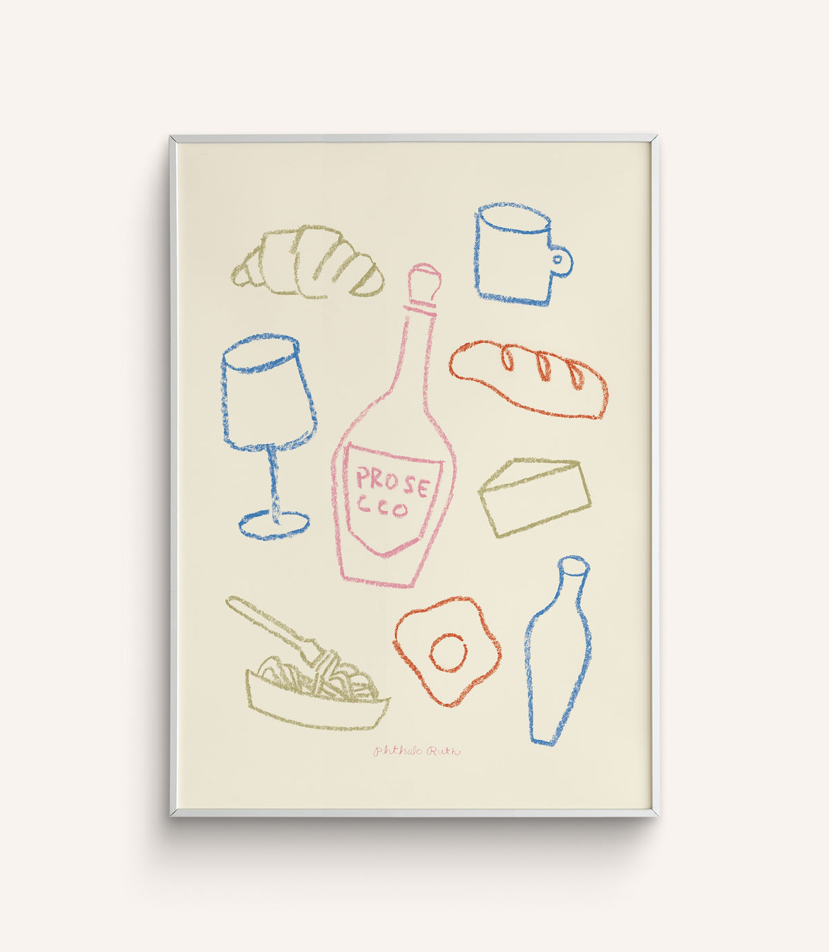 A print with a bottle of Prosecco, varying glasses, and a delicious spread of cheese, bread, and pastries and other food items in various colors on a white background.
