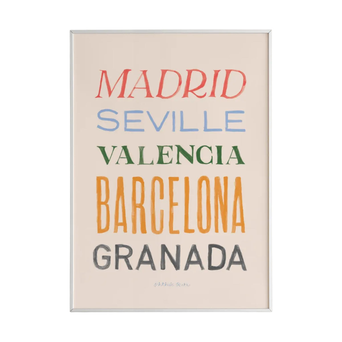 A colorful art print featuring the names of five Spanish cities (Madrid, Seville, Valencia, Barcelona, and Granada) in bold, varying fonts on a white background. 