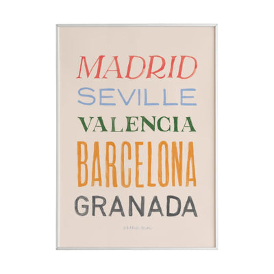 A colorful art print featuring the names of five Spanish cities (Madrid, Seville, Valencia, Barcelona, and Granada) in bold, varying fonts on a white background. 
