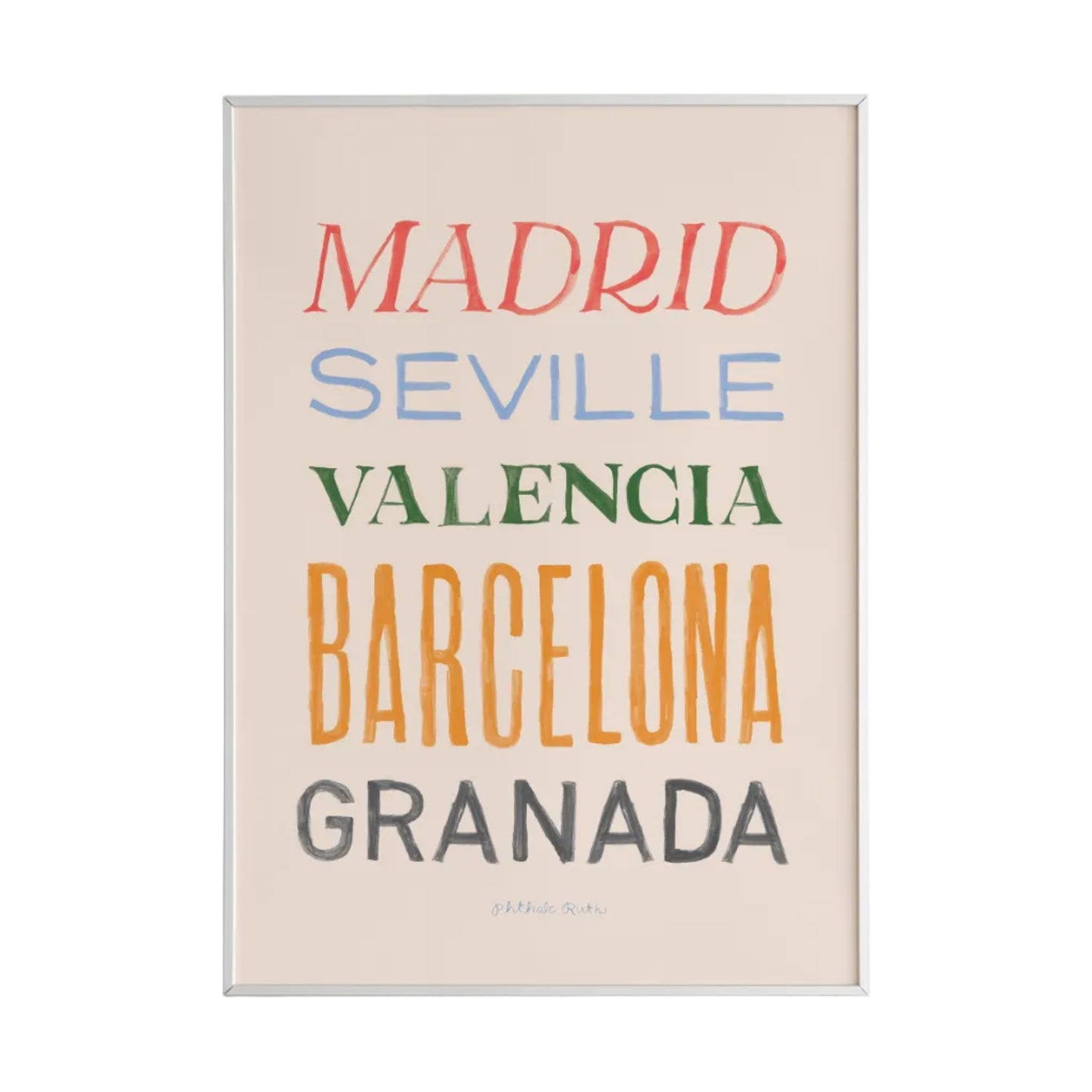 A colorful art print featuring the names of five Spanish cities (Madrid, Seville, Valencia, Barcelona, and Granada) in bold, varying fonts on a white background. 