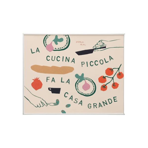 This art print features hand painted food and drink items like a loaf of bread, tomatoes as well as hands all playfully surrounding the phrase La Cucina Piccola Fa La Casa Grande on a white background.
