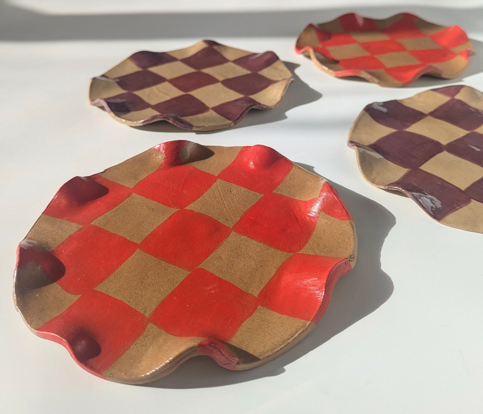 Set of 4 Red & Burgundy Wavy Check Side Plates