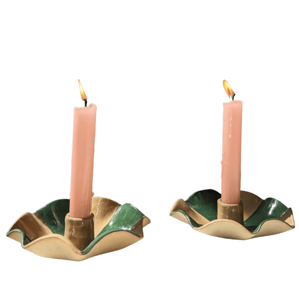 Green Striped Scalloped Candle Holders