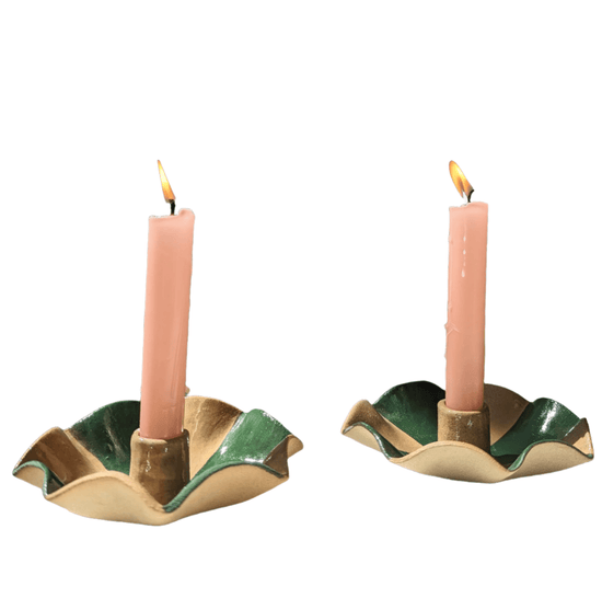 Green Striped Scalloped Candle Holders