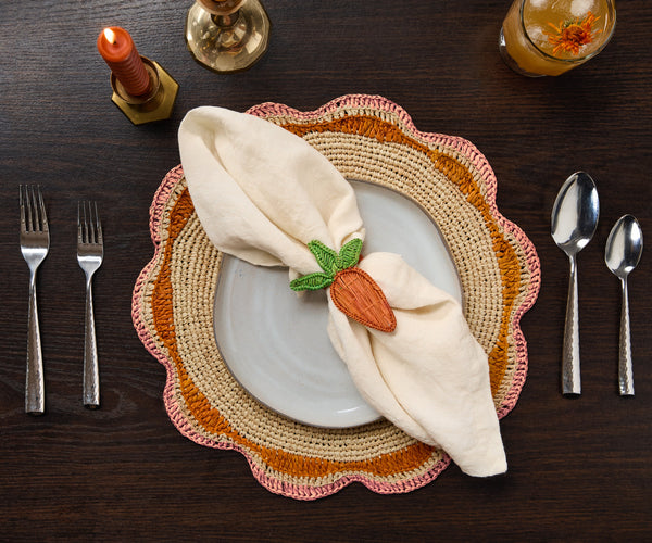 Round Pink Raffia Placemat – 14” Handwoven Crochet – Garden Party & Summer Table Decor