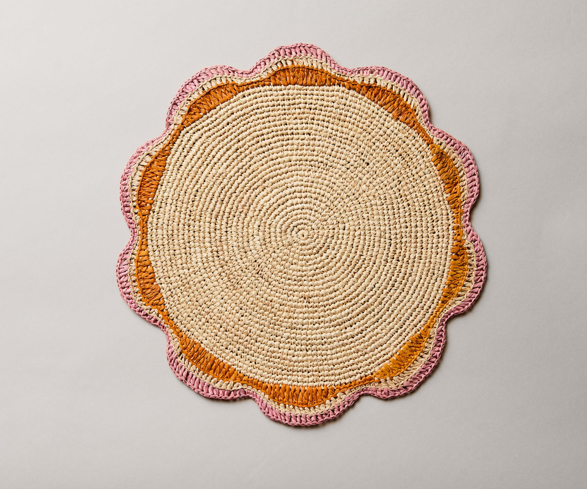 Round Pink Raffia Placemat – 14” Handwoven Crochet – Garden Party & Summer Table Decor