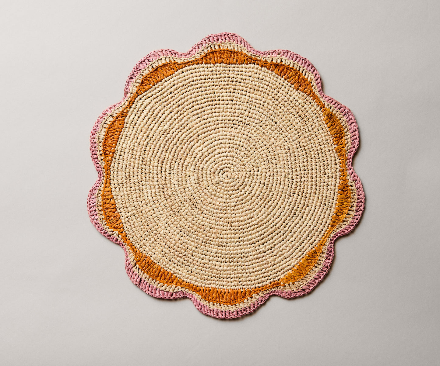 Round Pink Raffia Placemat – 14” Handwoven Crochet – Garden Party & Summer Table Decor