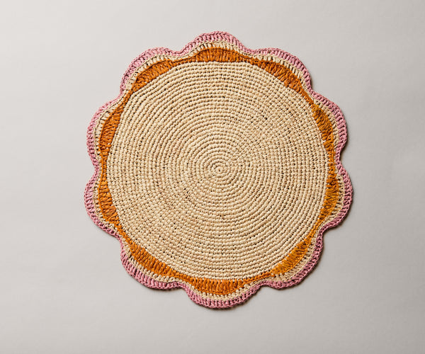 Round Pink Raffia Placemat – 14” Handwoven Crochet – Garden Party & Summer Table Decor
