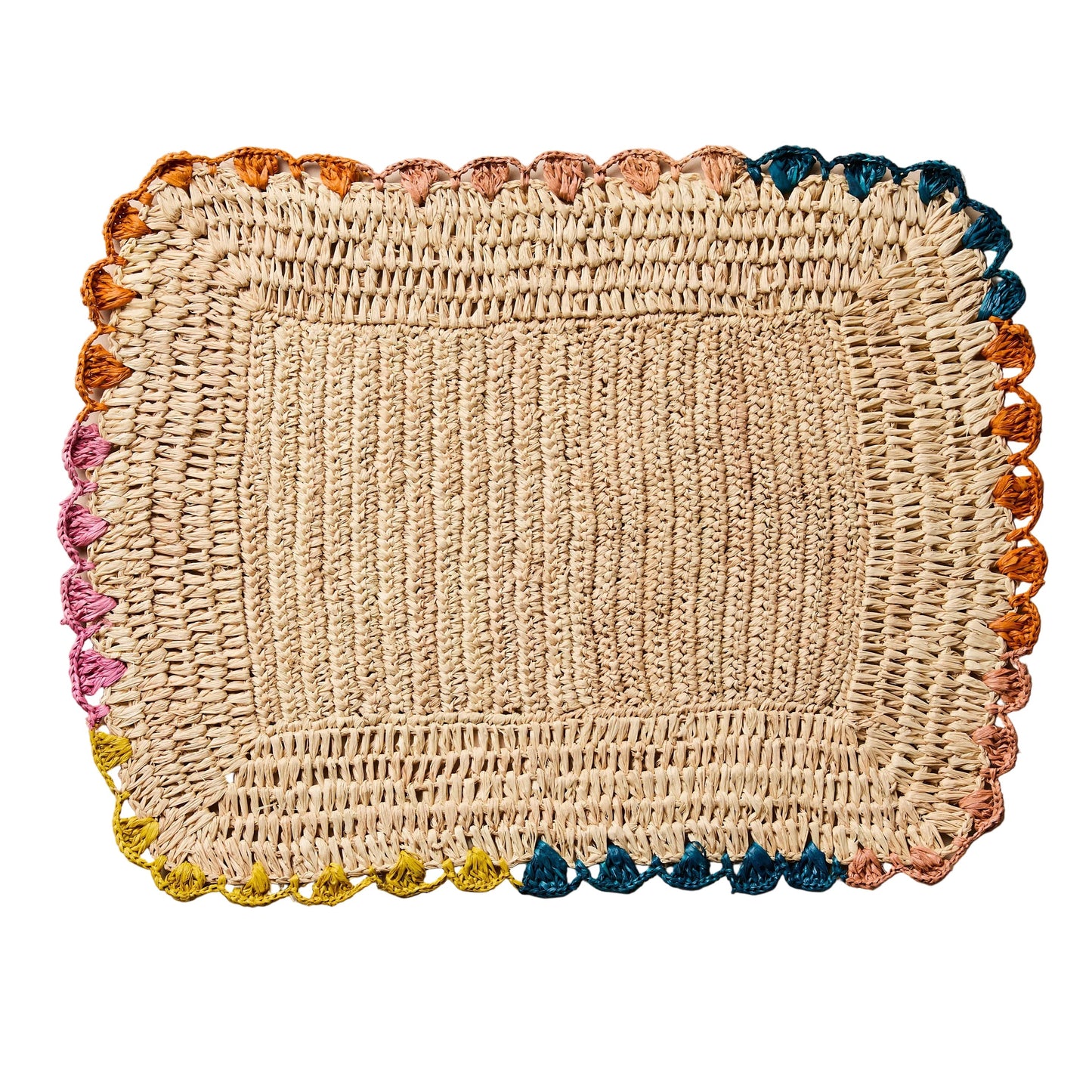 Handwoven Rectangular Raffia Placemats – Multicolor Edges Table Mats – Handmade Woven Rectangular Table Mats