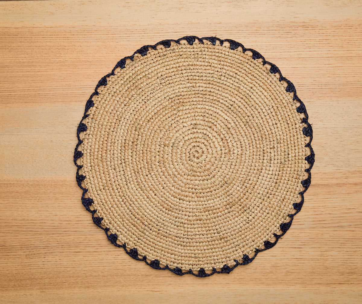 Handwoven Aura Blue Edge Placemat - Rustic Woven Raffia Tabletop Decor