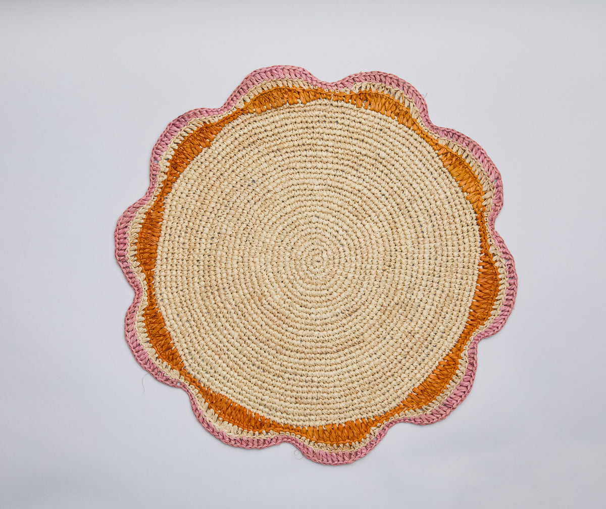 Round Pink Raffia Placemat – 14” Handwoven Crochet – Garden Party & Summer Table Decor