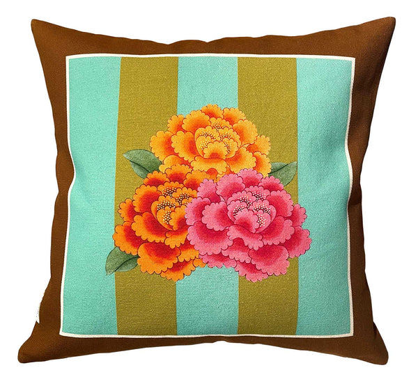 Peonies Green & Blue Throw Pillow