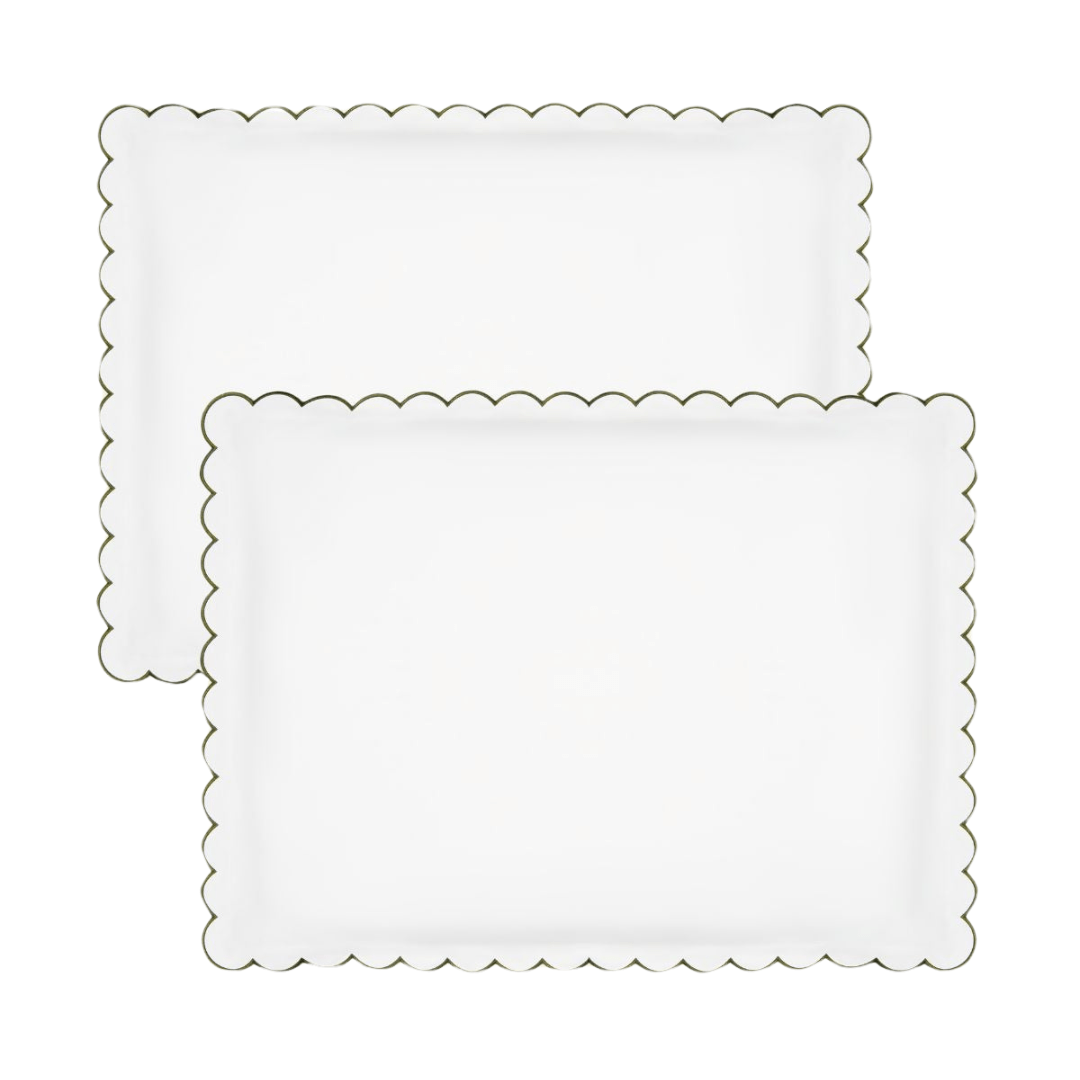 The Scalloped Pillowcases in White & Forest Green Cotton Percale (Set of 2)