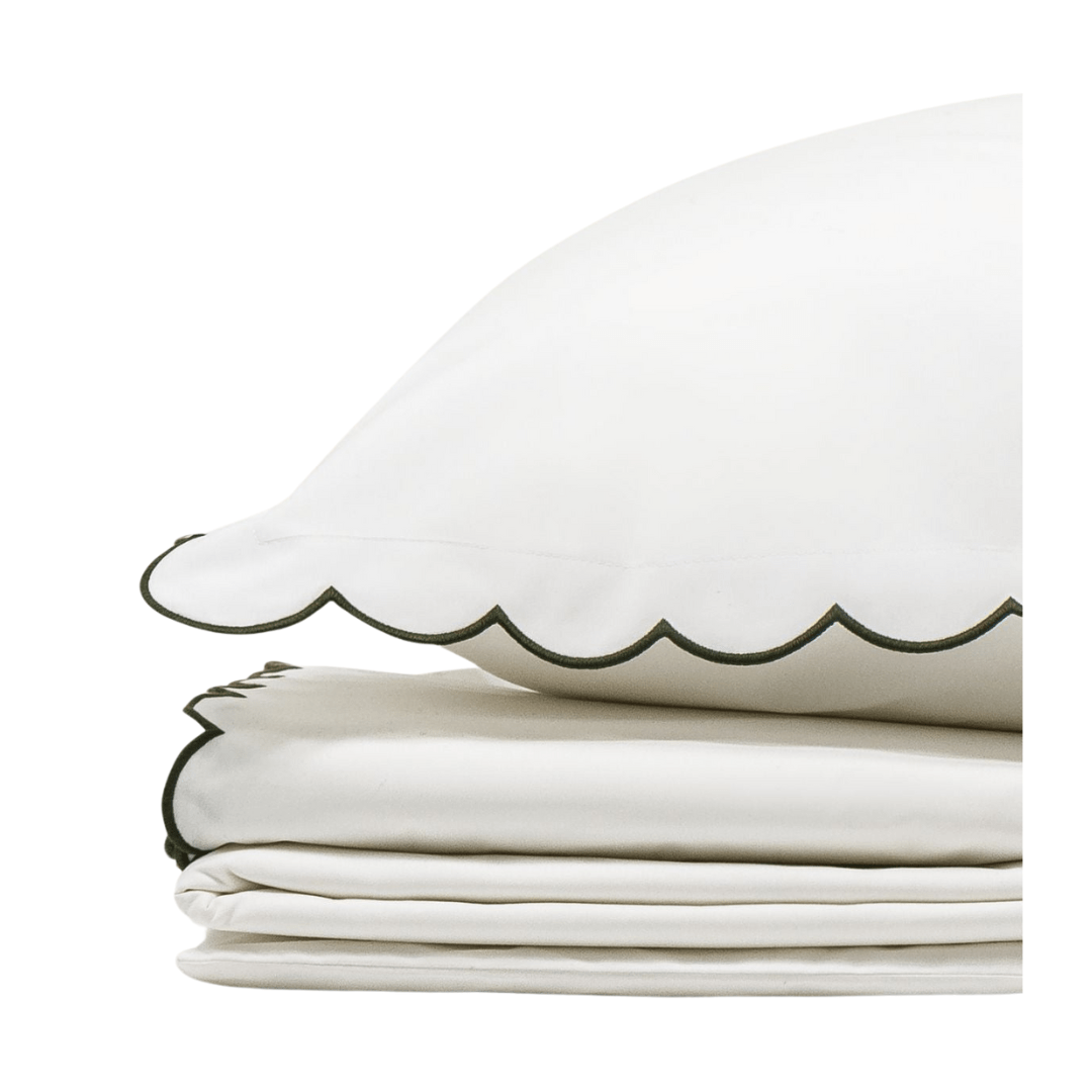 The Scalloped Bedding Set in White and Forest Green Cotton Percale