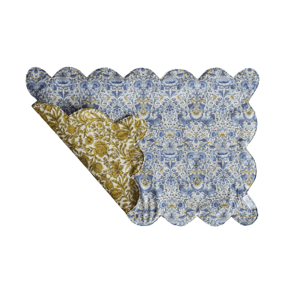 Reversible Scalloped Placemat Made With Liberty Fabric Lodden China Blue & Sambourne Yellow