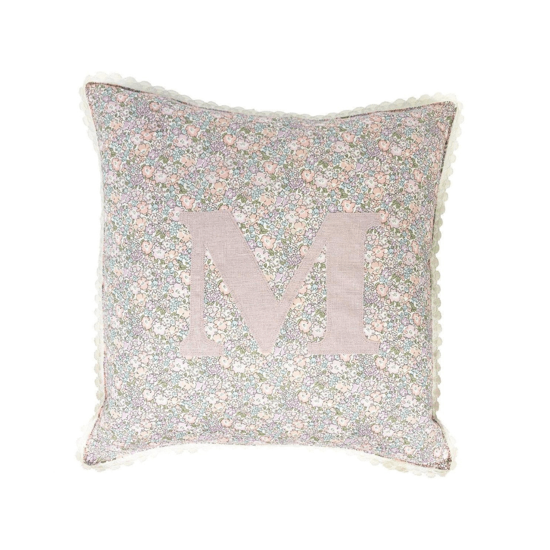 Lace Edge Personalised Cushion Made With Liberty Fabric Michelle Lilac