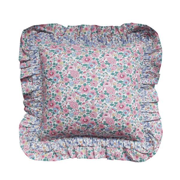 Double Ruffle Cushion made with Liberty Fabric Betsy Blossom Pink