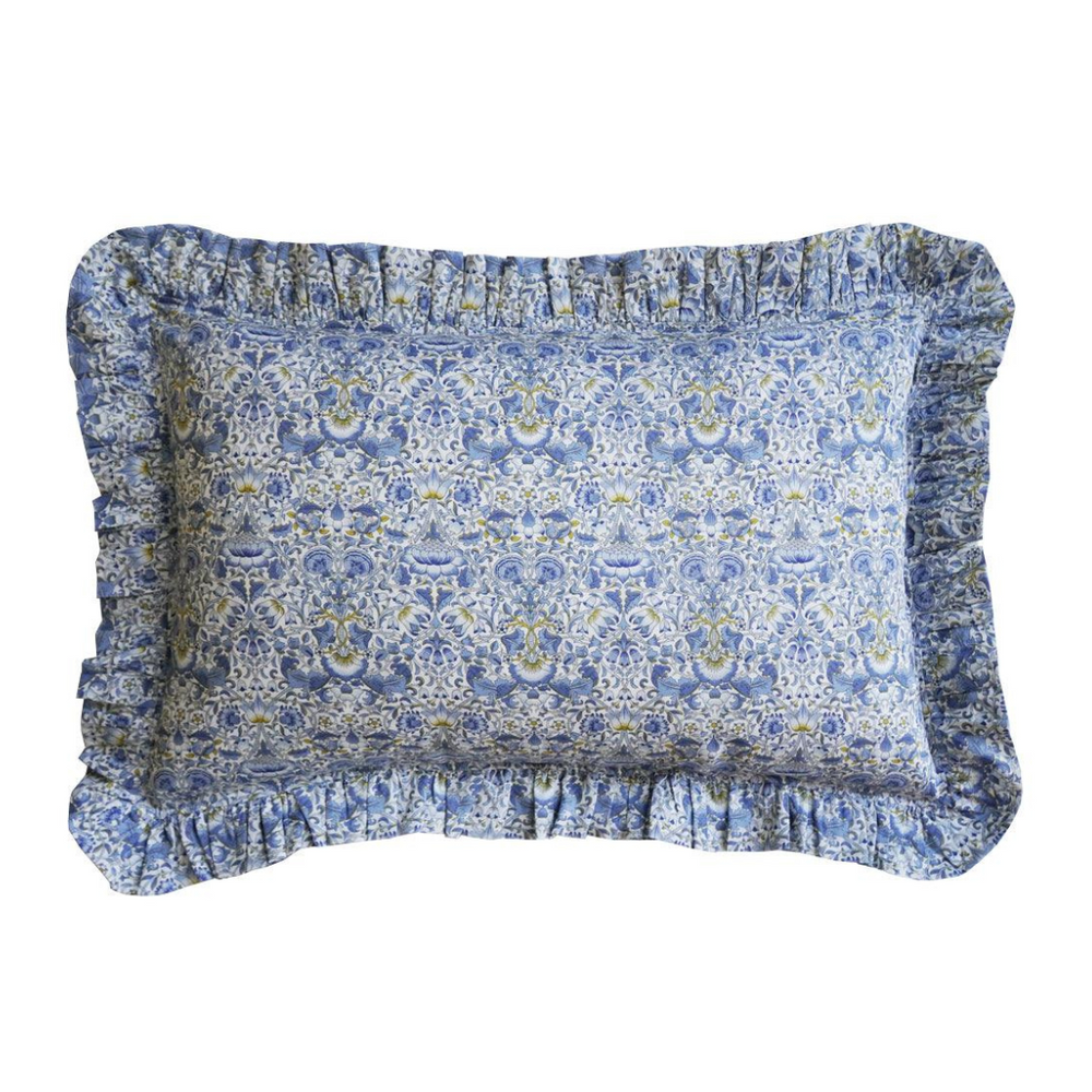 Oblong Ruffle Cushion Made With Liberty Fabric Lodden China Blue