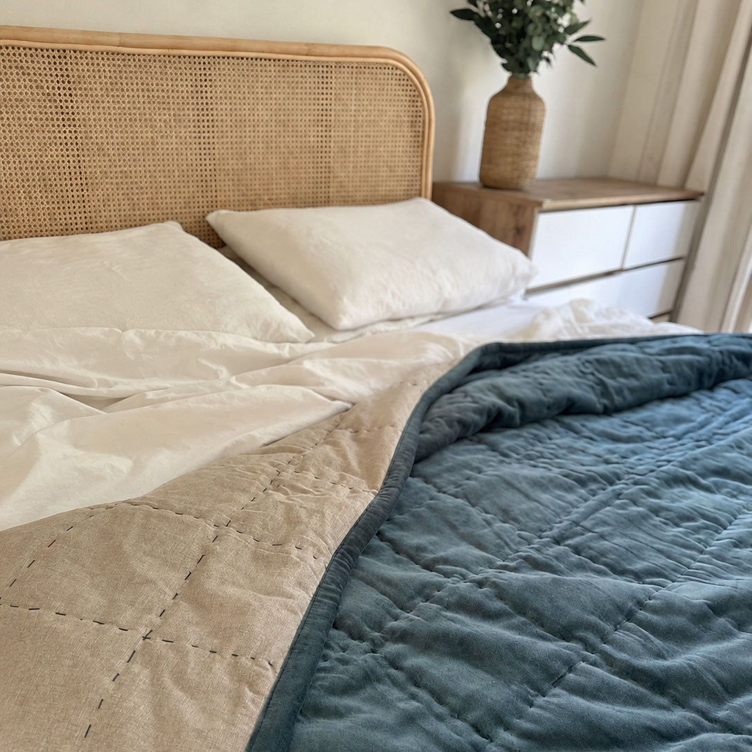 Hand Quilted Velvet Quilt Petrol Blue