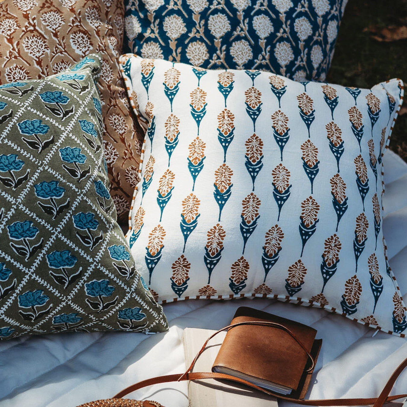 Bahaar Lumbar Throw Pillow Cover - Mustard & Blue