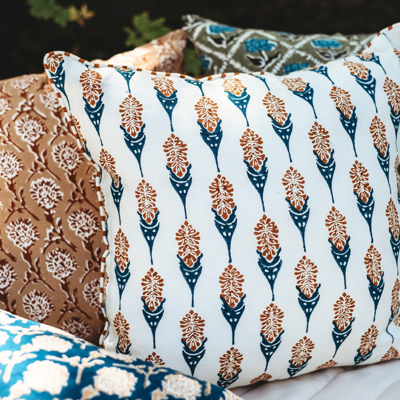 Bahaar Lumbar Throw Pillow Cover - Mustard & Blue