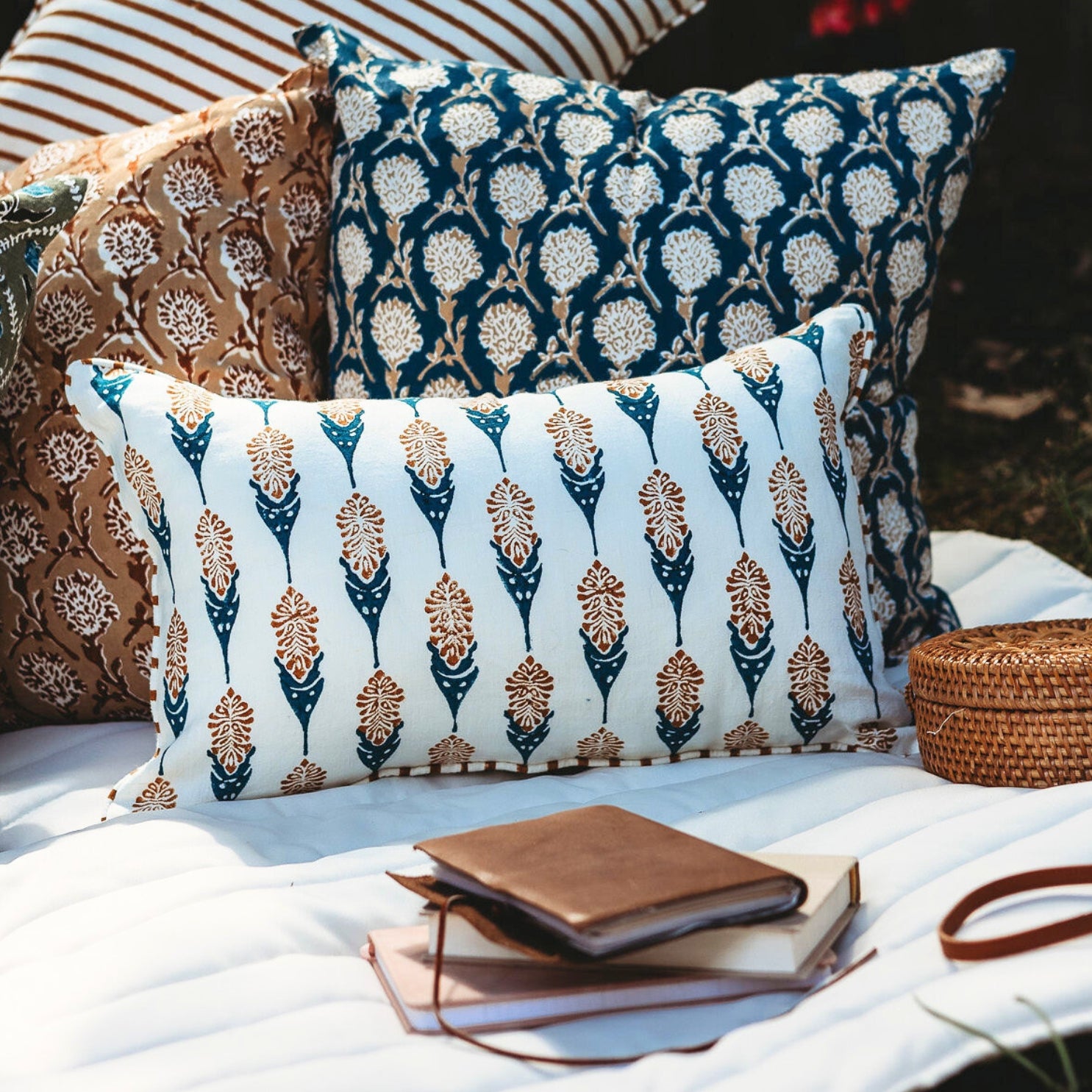 Bahaar Lumbar Throw Pillow Cover - Mustard & Blue