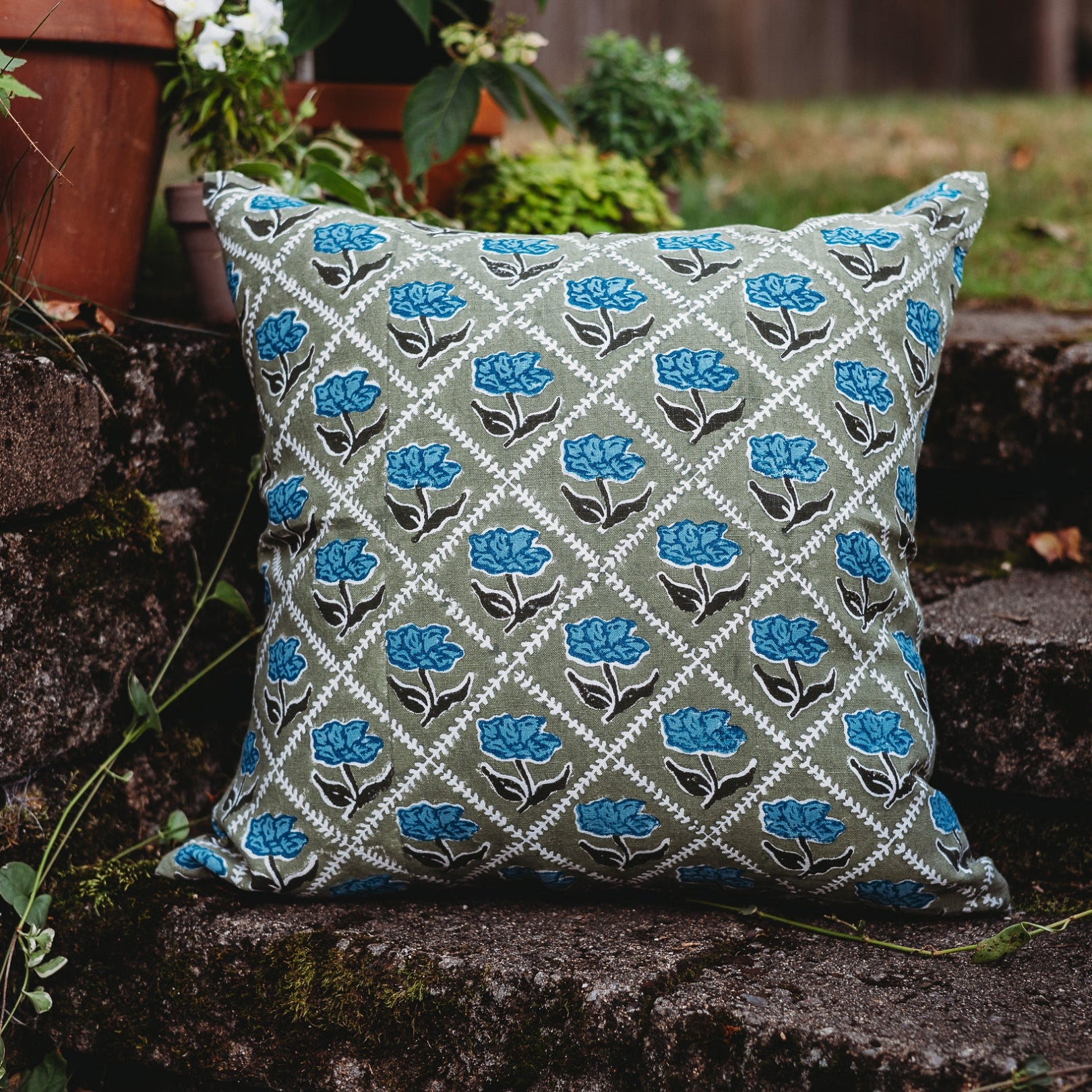 Noor Throw Pillow Cover - Olive & Blue