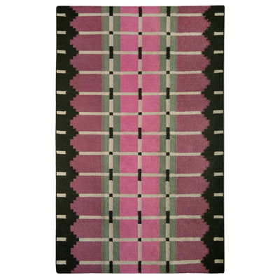 Corbie flatweave geometric rug in pink and green shown on a white background