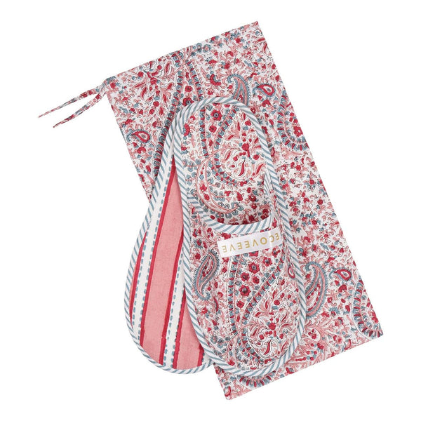 A pair of pink floral patterned bedroom slippers made of cotton, displayed on a white background.