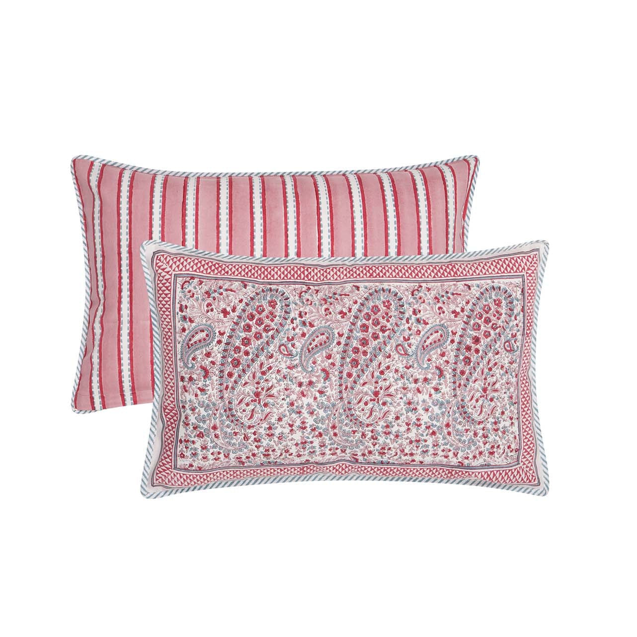 Block printed rectangular Pink City Cushion Cover in pink paisley and stripe