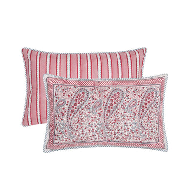 Block printed rectangular Pink City Cushion Cover in pink paisley and stripe