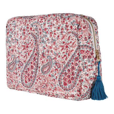 A multicolored floral hand block-printed cotton vanity pouch with a zipper and a tassel.