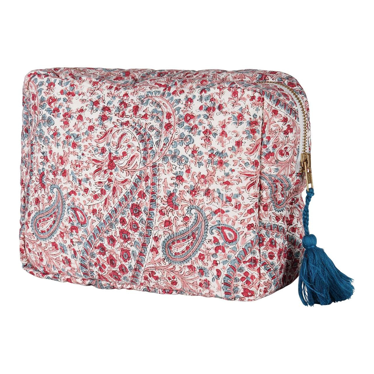 A multicolored floral hand block-printed cotton vanity pouch with a zipper and a tassel.