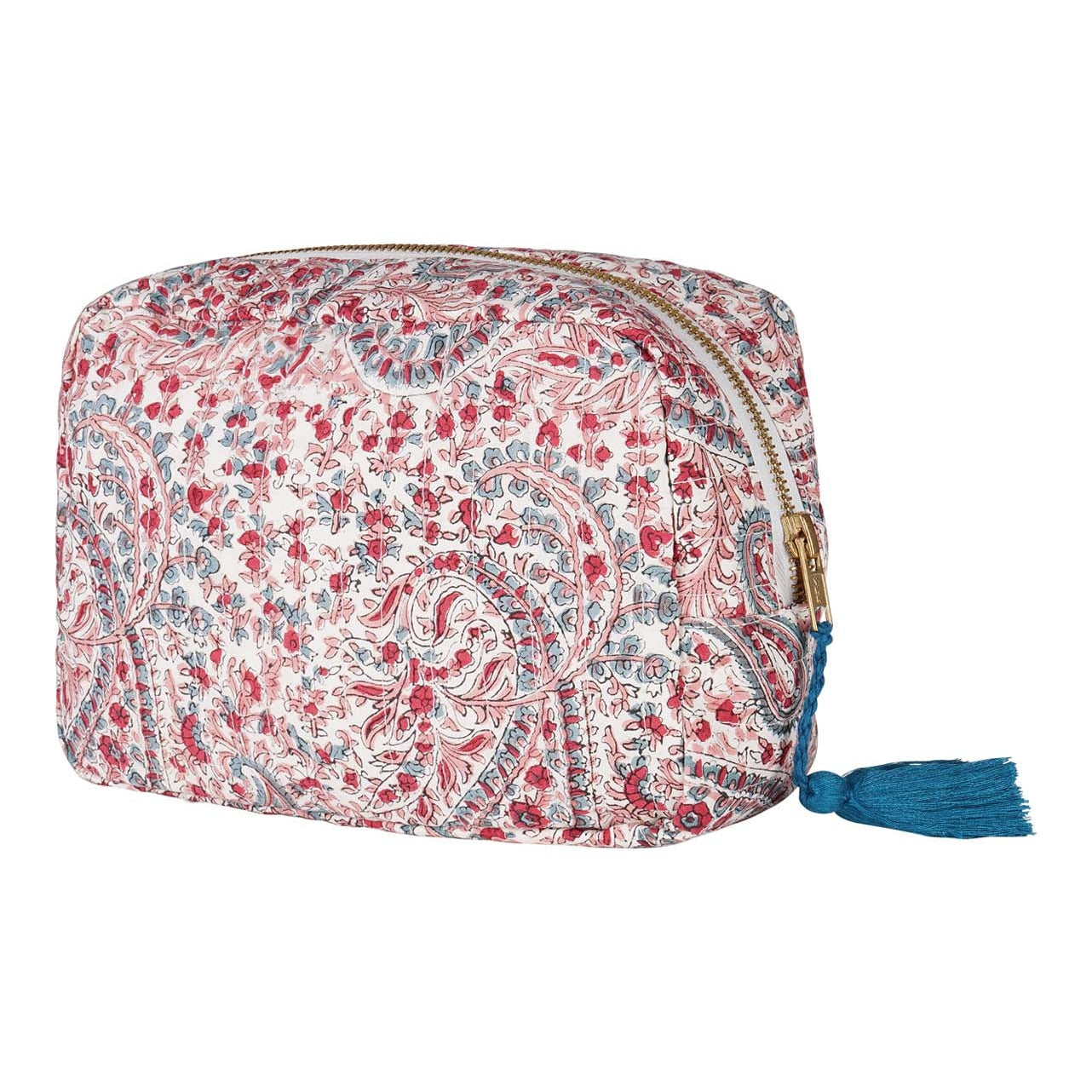 A multicolored floral hand block-printed cotton vanity pouch with a zipper and a tassel.