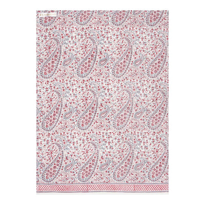 A hand-block printed cotton tea towel with a floral and paisley pattern in pink, white.