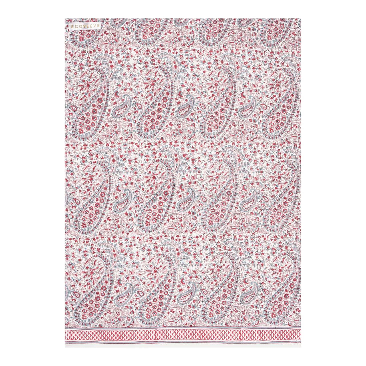 A hand-block printed cotton tea towel with a floral and paisley pattern in pink, white.