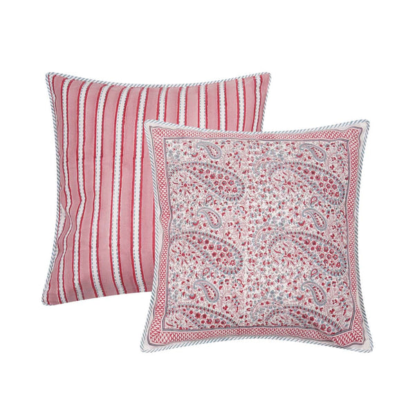 Square block printed Pink City Cushion Cover in pink paisley
