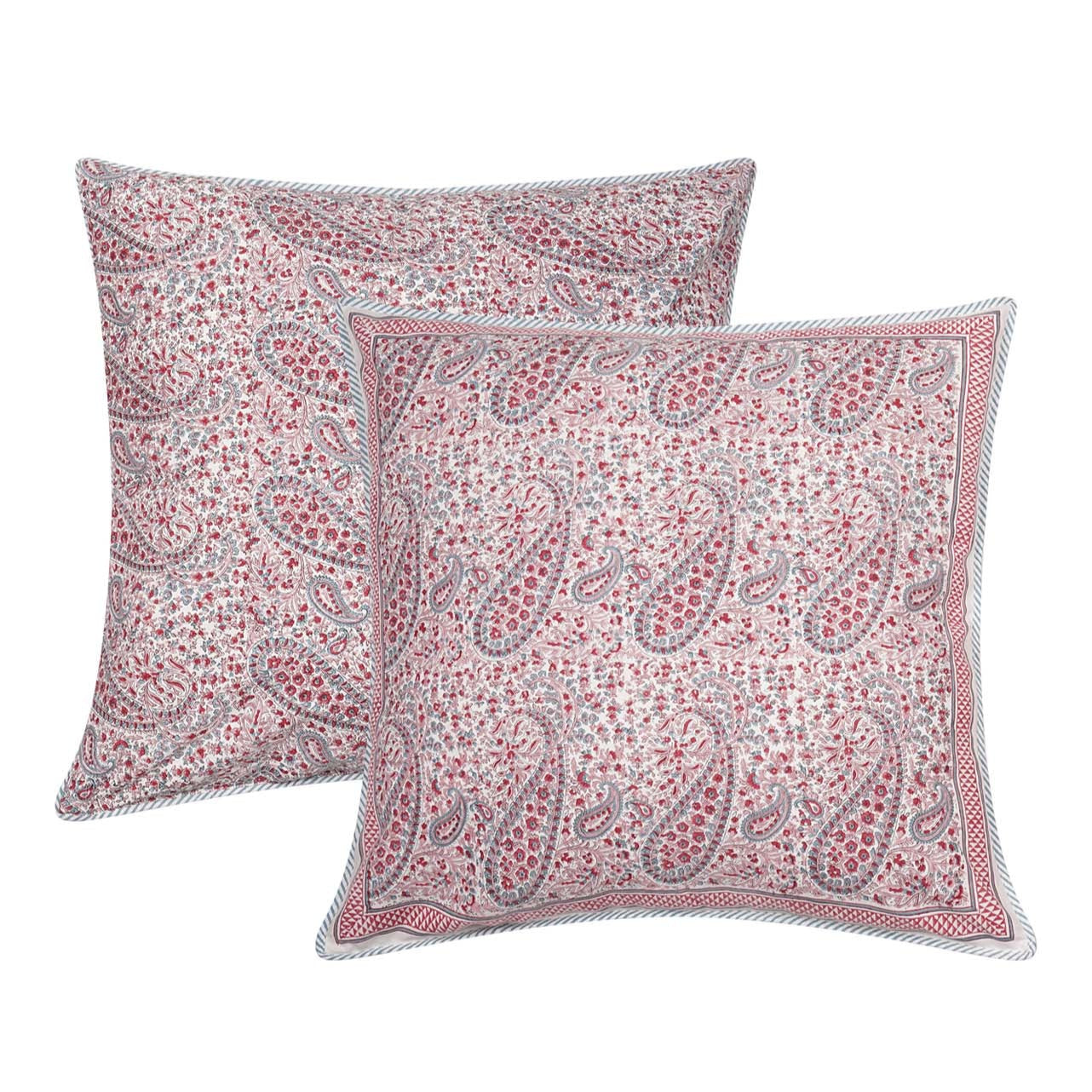 Square block printed Pink City Cushion Cover in pink paisley