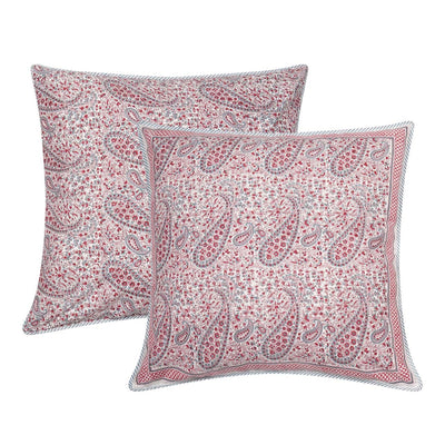 Square block printed Pink City Cushion Cover in pink paisley
