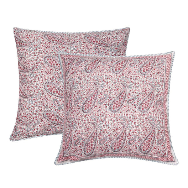 Square block printed Pink City Cushion Cover in pink paisley