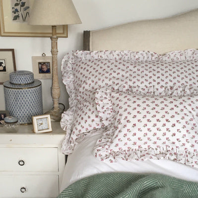Hand Block Floral Cotton Pink Ditsy Ruffle Pillowcase

