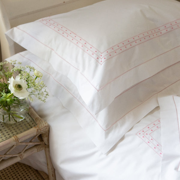 Cotton hand embroidered Matilda Pink Pillowcase with hand hem stitched border
