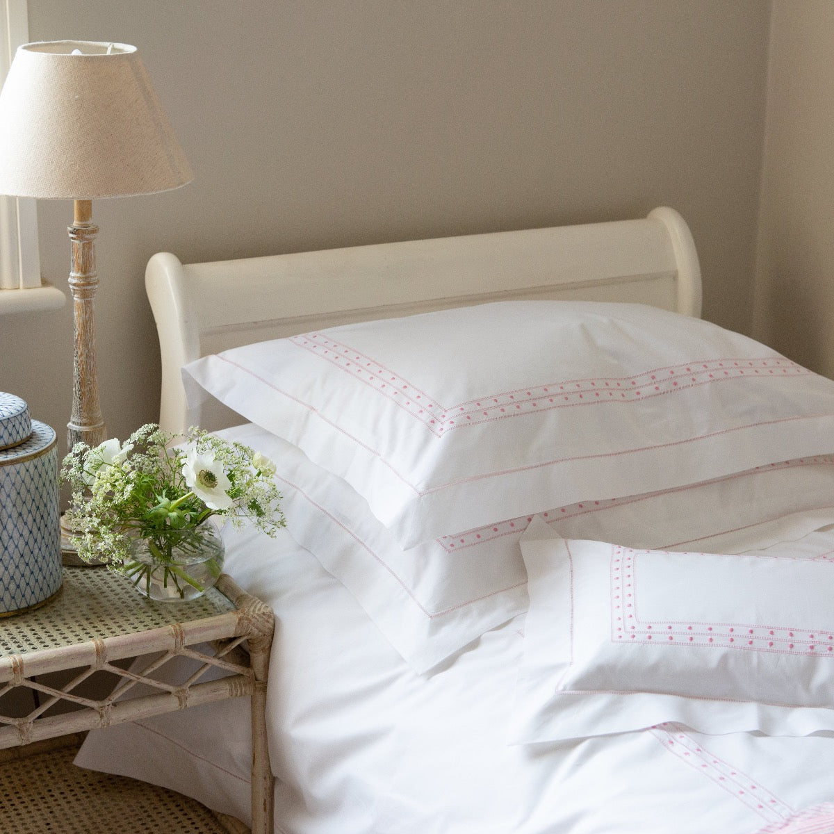 Cotton Pink Matilda Square Pillowcase with hand embroidered design
