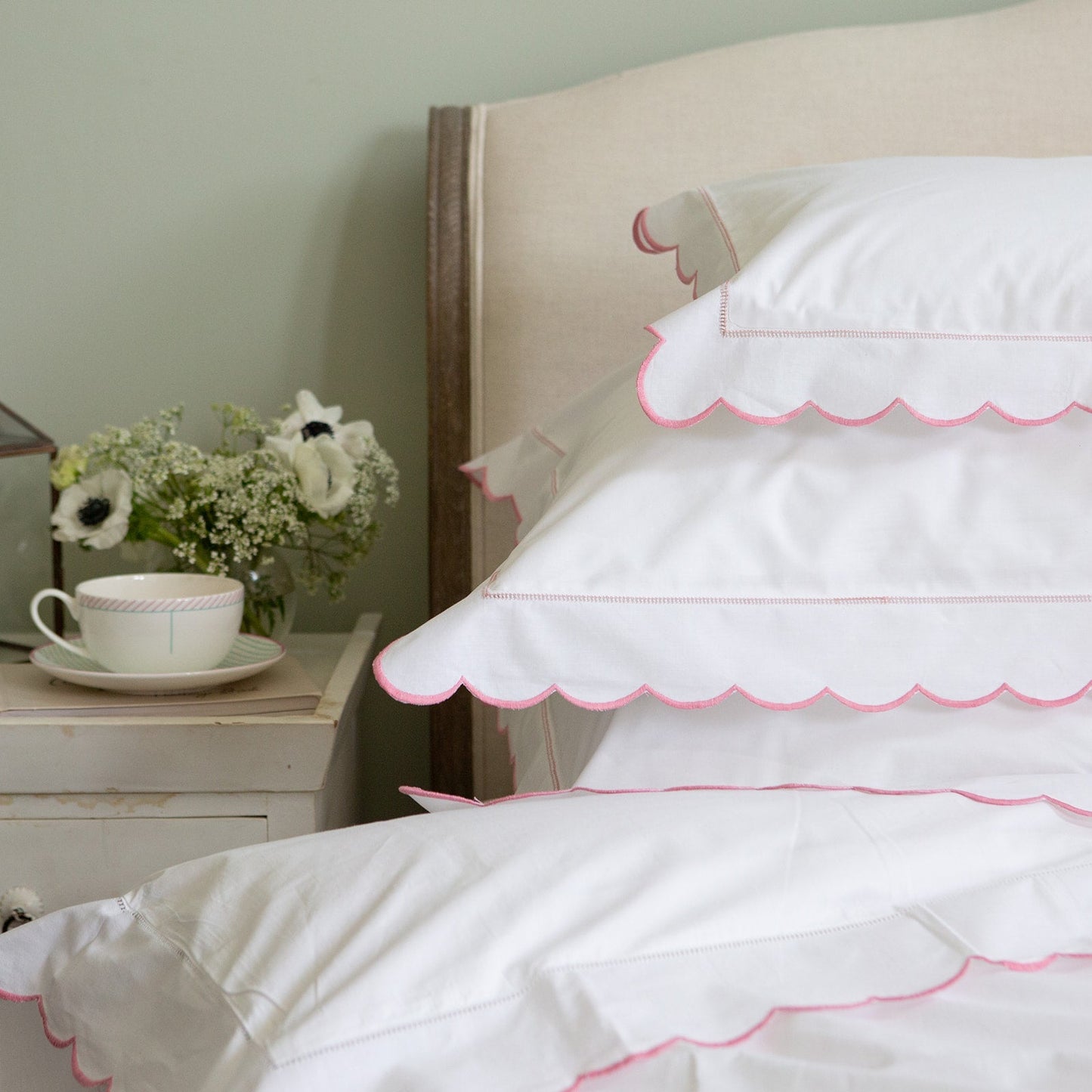 Cotton Pink Scallop Pillowcase with hand Hem stitched border
